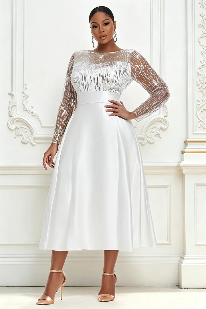 Xpluswear Design Plus Size Cocktail Party Sequin White Round Neck Long Sleeve Pocket See Through Satin Midi Dresses 2024 - Xpluswear