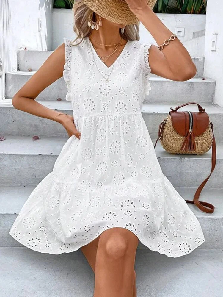 Women's Floral Embroidery Dress V-Neck Sleeveless Summer Beach Dresses