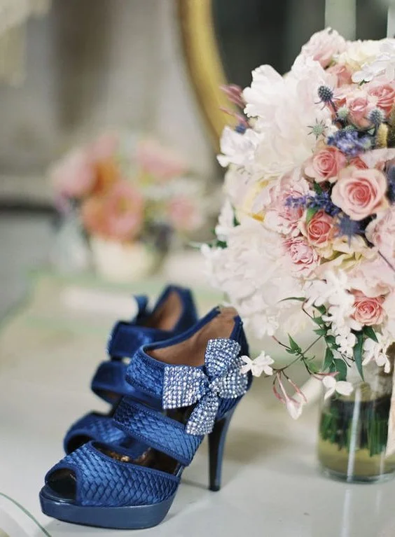Navy Floral Peep Toe Platform Stiletto Heel Sandals Bridal Shoes Vdcoo