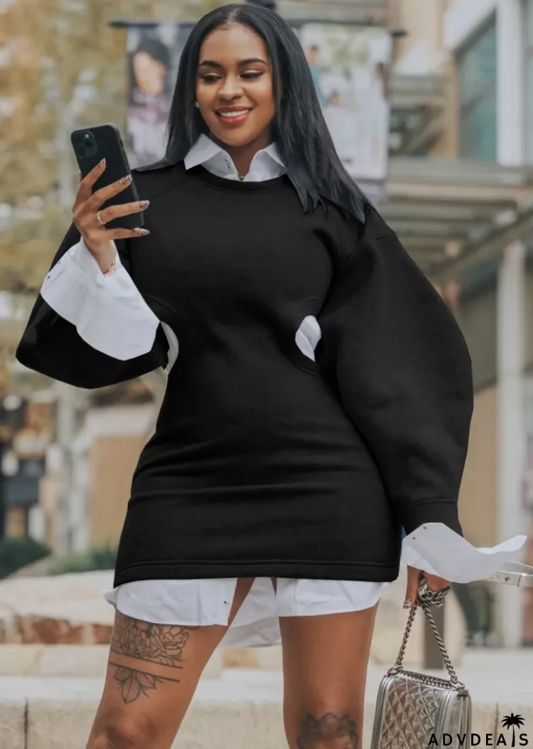 Spring Women Black Round Neck Hollow Out Puff Sleeve Sweatshirt Dress