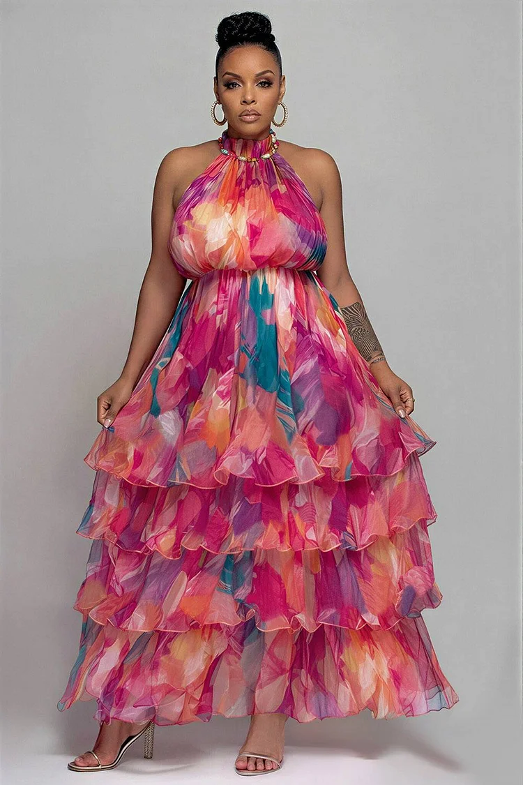 Xpluswear Design Plus Size Vacation Sundress Pink Floral Halter Collar Ruffle Tiered Chiffon Maxi Dresses [Pre-Order] 2024 - Xpluswear