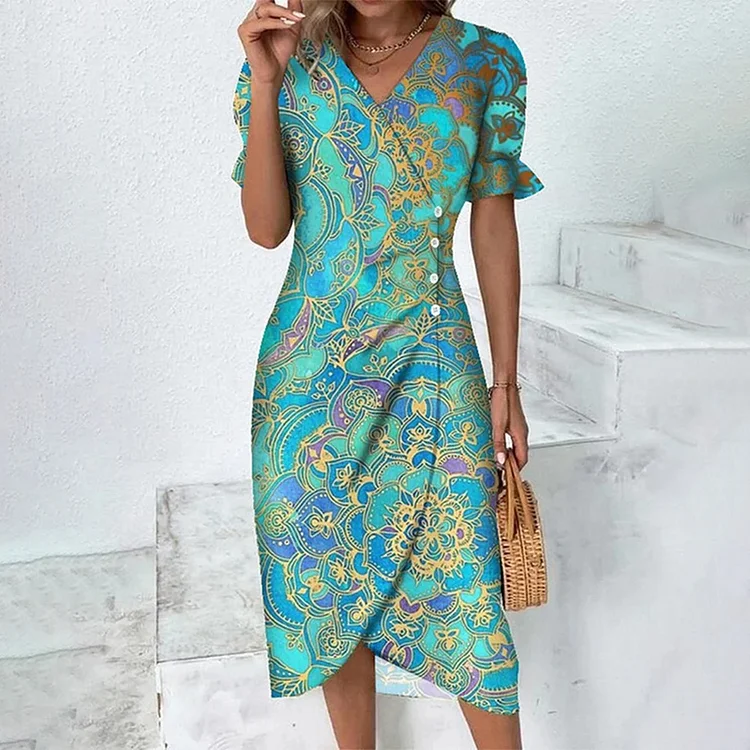 Comstylish Fashion Printed V-Neck Button Irregular Midi Dress