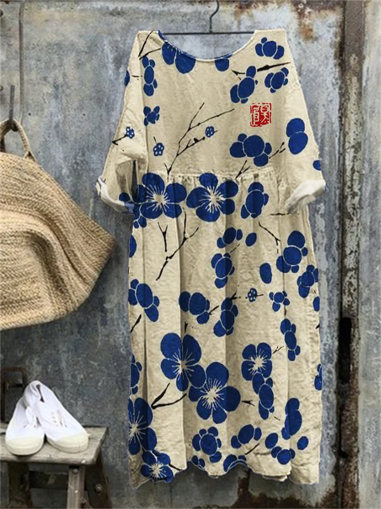 Cherry Blossom Japanese Lino Art Oversize Linen Blended Maxi Dress