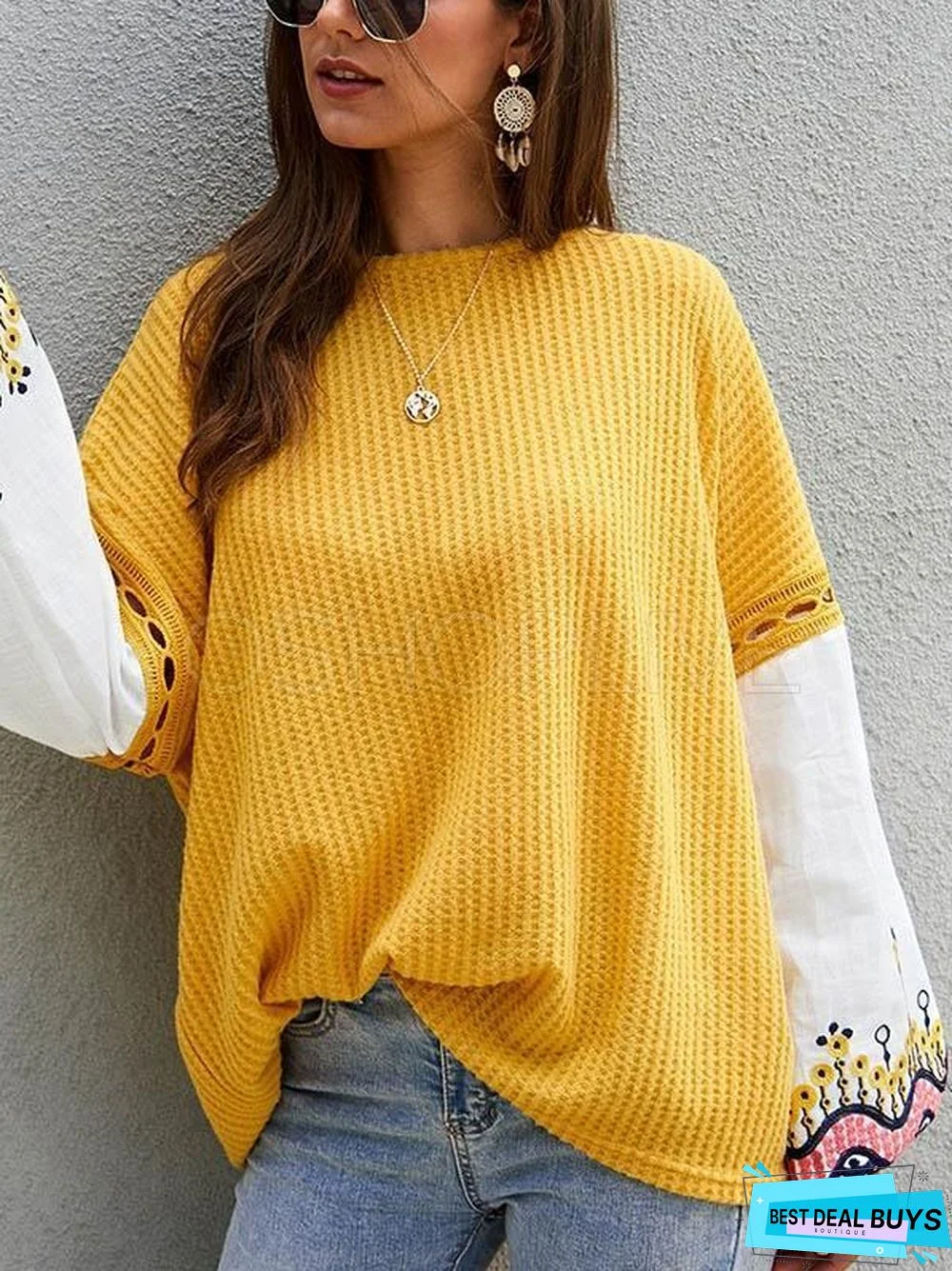 Loose Stitching Embroidered Sleeve Sweater