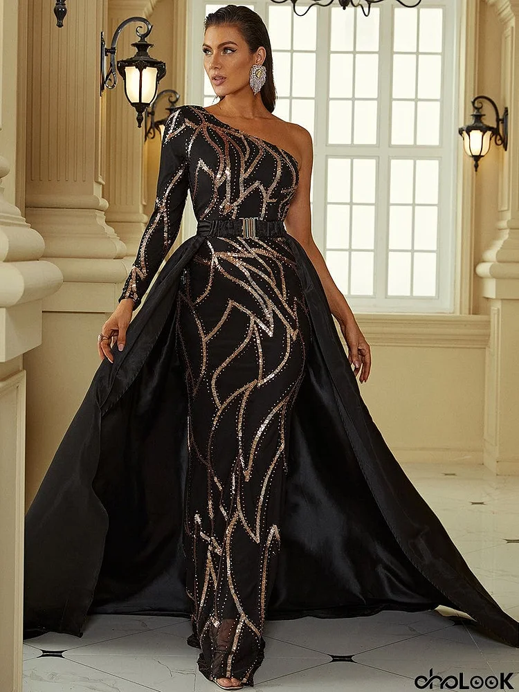 One Shoulder Cloak Sequin Prom Dress XH2172