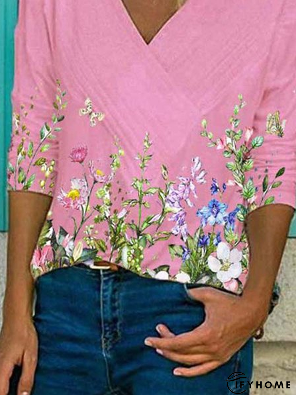 V Neck Long Sleeve Cotton-Blend Floral-Print T-shirt | IFYHOME