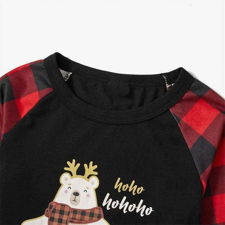 Family Matching Cute Bear Print Christmas Buffalo Plaid Pajamas Sets (with Pet Dog Clothes)