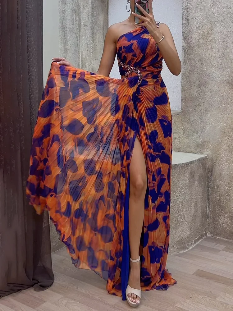 Sleeveless Leopard Pleated Split-side One-shoulder Evening Maxi Dresses