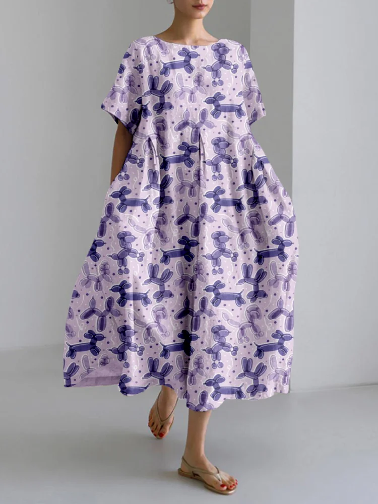 Balloon Dogs Pattern Linen Blend Maxi Dress