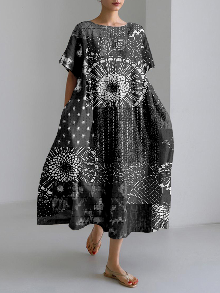 Vintage Japanese Patchwork Pattern Linen Blend Maxi Dress wearshes