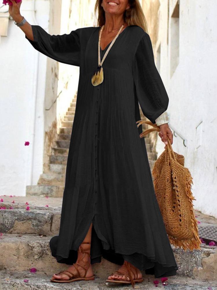 Women White Long Dress 2022 Celmia Bohemian Puff Sleeve Sexy V Neck Ruffled Maxi Dresses Casual Loose Button Solid Party Vestido