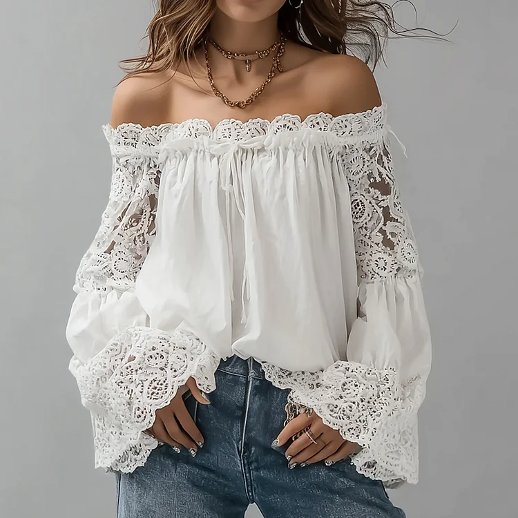 Ursime Off Shoulder Flare Sleeve Lace Patchwork Blouse