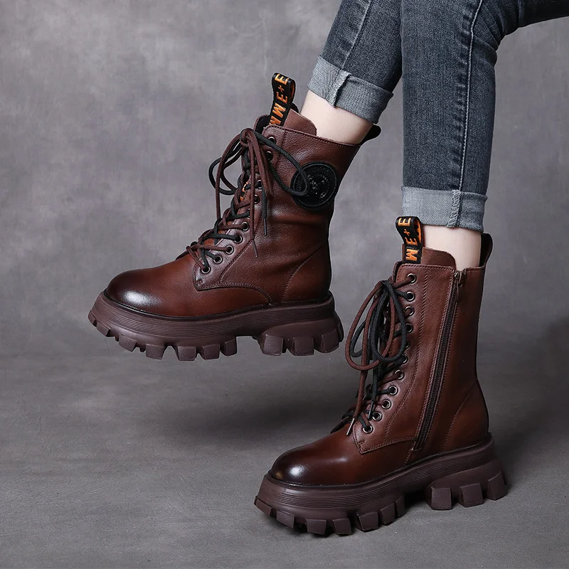 Yyvonne Layer Of Cowhide Martin Boots Autumn And Winter Plus Velvet Warm New Pine Cake Bottom Zipper Locomotive Boots