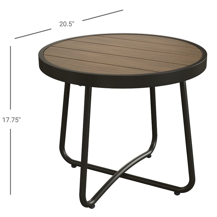 Steel Patio Side Table, Weather Resistant Outdoor Round End Table (Light Brown Imitation Wood)