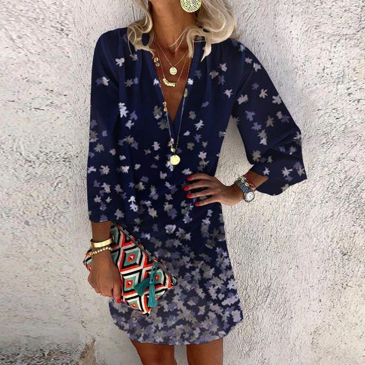 Fashion retro V-neck 3/4 sleeve midi skirt