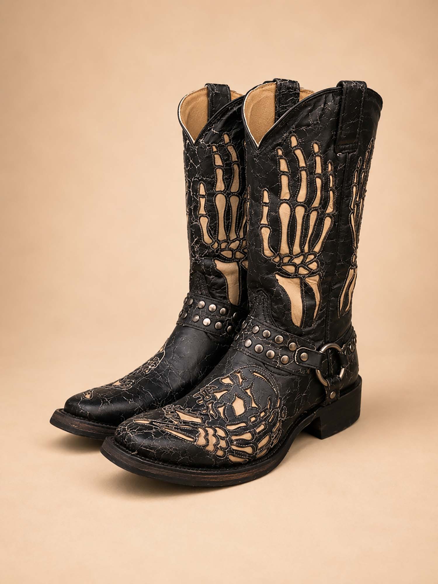 Perfect for a Country Music Festival, Black, Skeleton Bone Hollow Out Studded, Distressed Crackle Faux Leather, Women's Spring/Summer 2026 Cowboy Boots