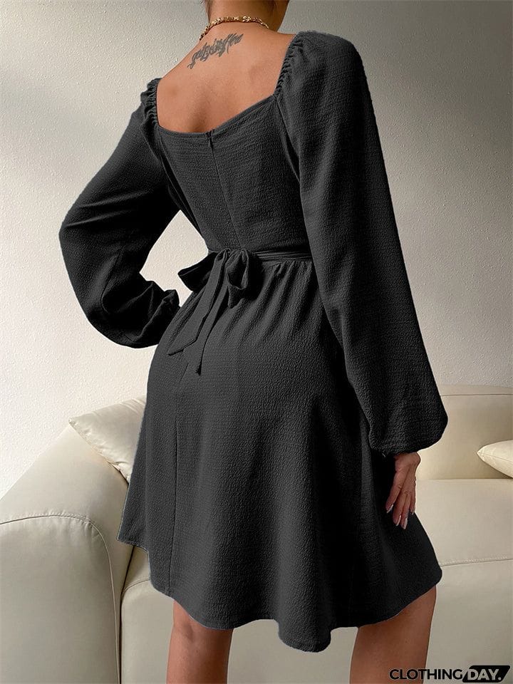 Temperament Trendy Lady Square Neck Long Sleeve High-waisted A-line Dress