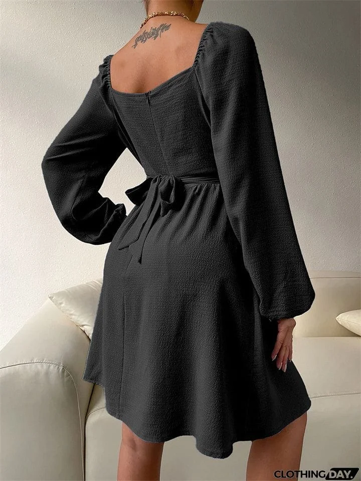 Temperament Trendy Lady Square Neck Long Sleeve High-waisted A-line Dress