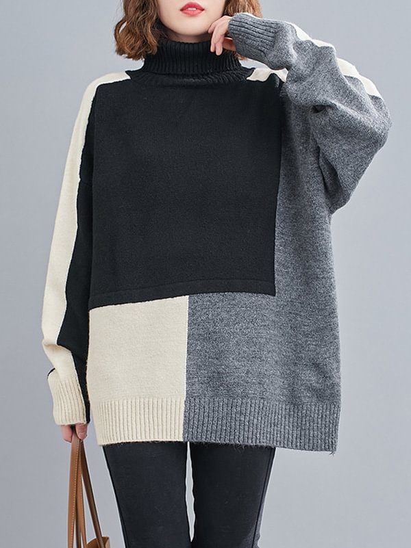 Stylish Split-Joint High-Neck Knitting Sweater