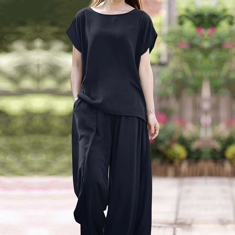 Loose Short Sleeve Top and Wide Leg Pants Suits
