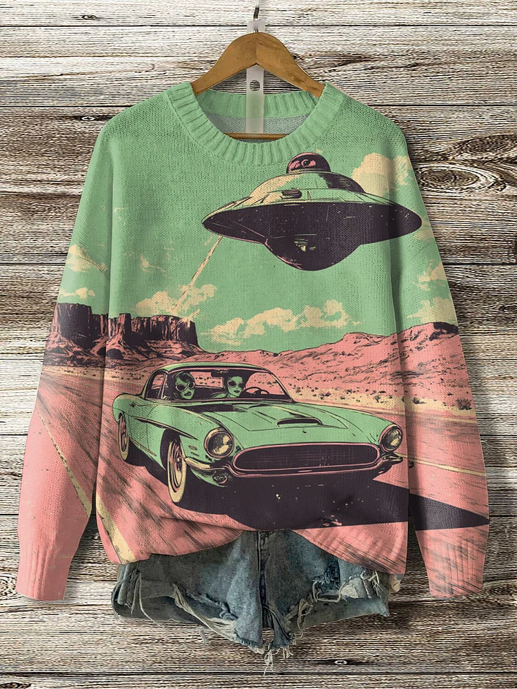 Women's Vintage Car Alien UFO Sci-Fi Art Print Knit Sweatshirt