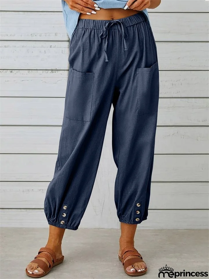 Cotton Linen High Waist Drawstring Wide Leg Women's Pants