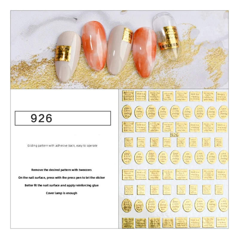 New Nail Art Gold and Silver Stickers Golden English Letter Bag Sticker Laser Nail Applique Portable Nail Sticker Design