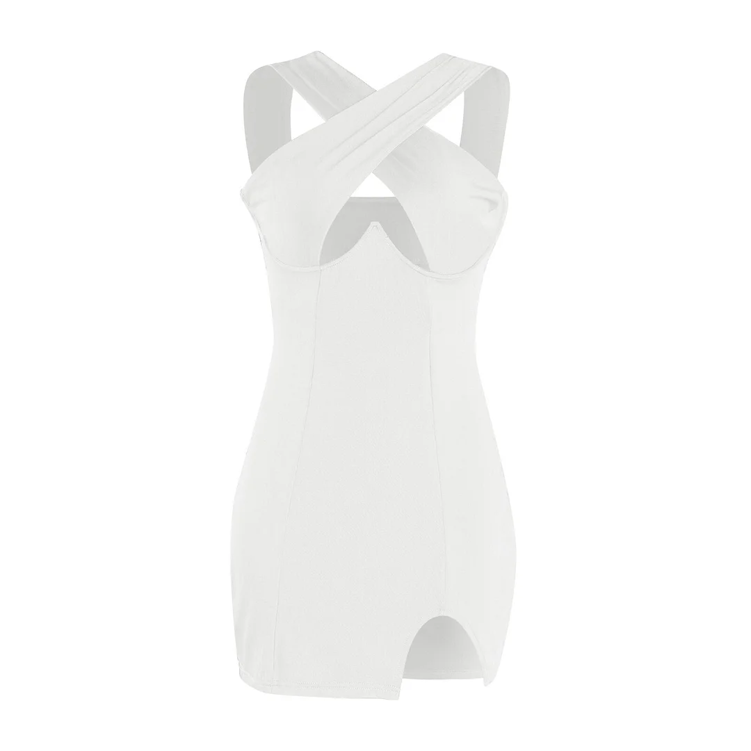 wsevypo Sexy Women Cutout Cross Halter Wrapped Dress Chic Printted Sexy Hollow Chest Skinny Sheath Dress Summer Party Clubwear