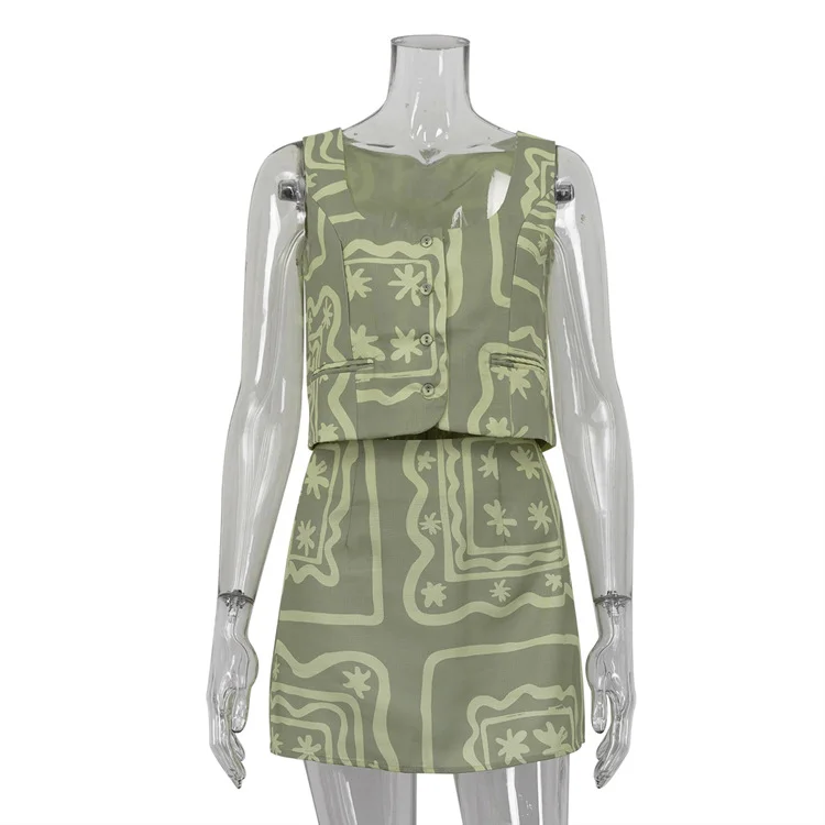 Ueong Ueong New Vest Vest Print Set Women's Summer Two-Piece Set Of Short Skirt Simple Casual Women's Clothing