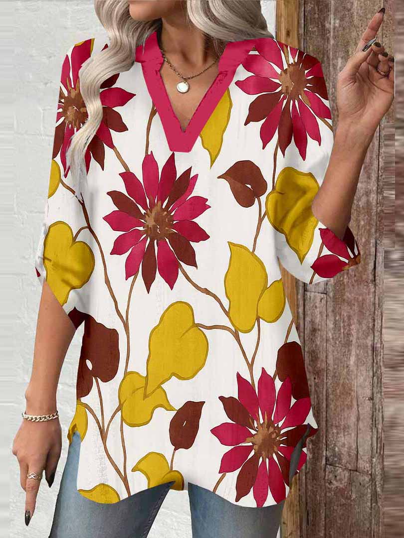 Women Leaves, Yellow, Red DZGA0174 3/4 Sleeve V-neck Printed Graphic Button Tops