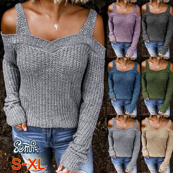 NEW Off Shoulder Winter Women Sweater Casual Knitted Tops V-neck Long Sleeve Sexy Pullover Sweaters Jumper Grey - Shop Trendy Women's Fashion | TeeYours