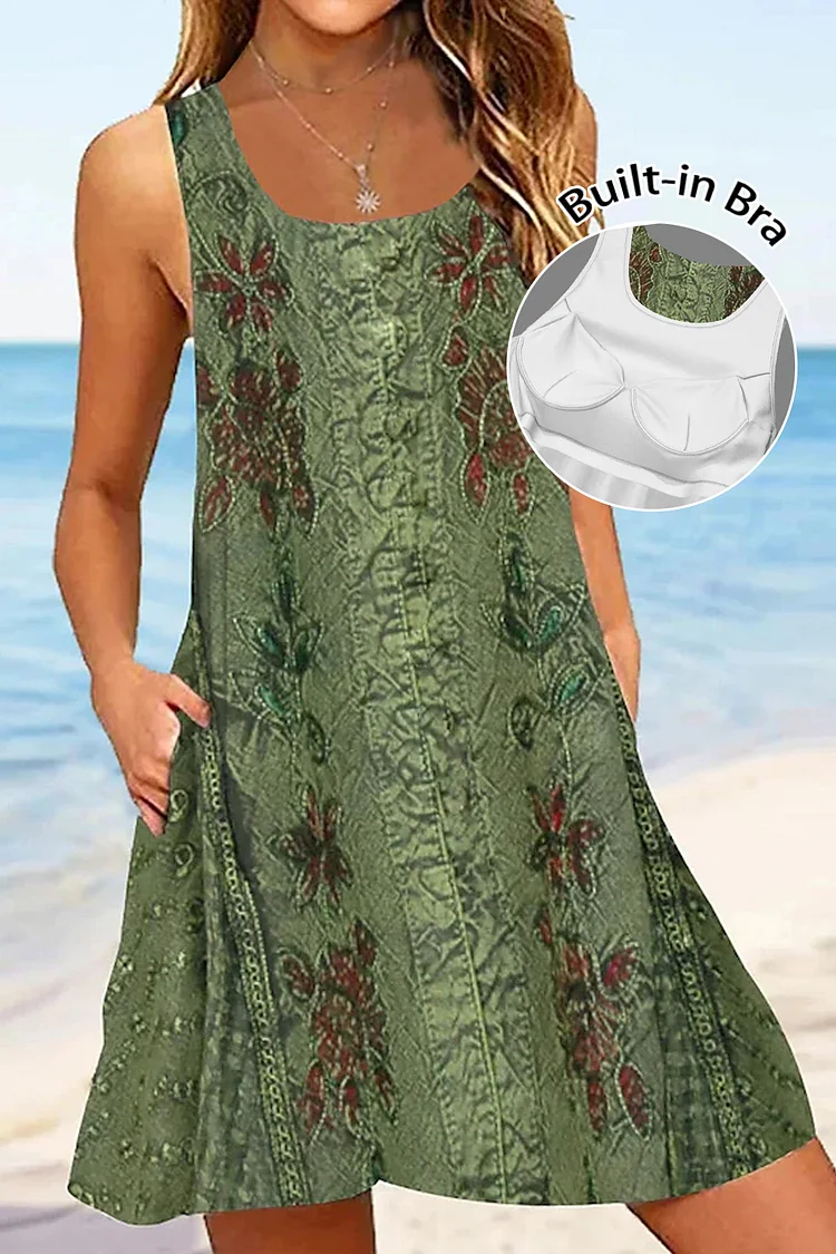 Flycurvy Plus Size Casual Green Retro Boho Print Midi Dress With Built In Bra  Flycurvy [product_label]