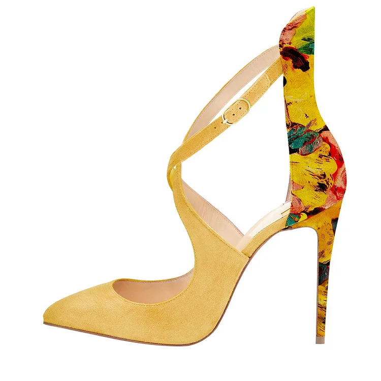 Yellow Floral Print Stiletto Heel Suede Shoes for Women Vdcoo