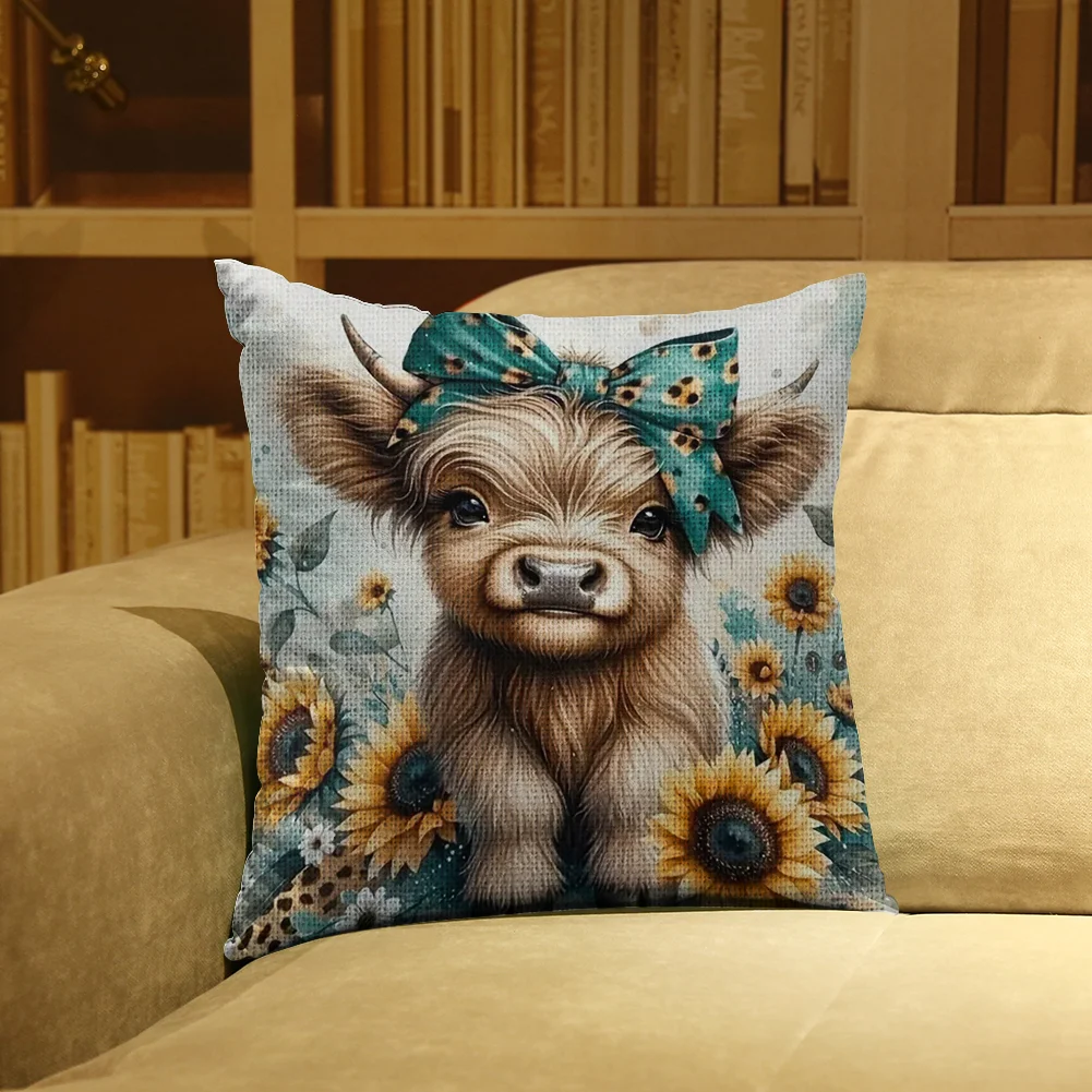 11CT Stamped Cross Stitch Pillowcase - Sunflower Highland Cow(Canvas|45*45CM)