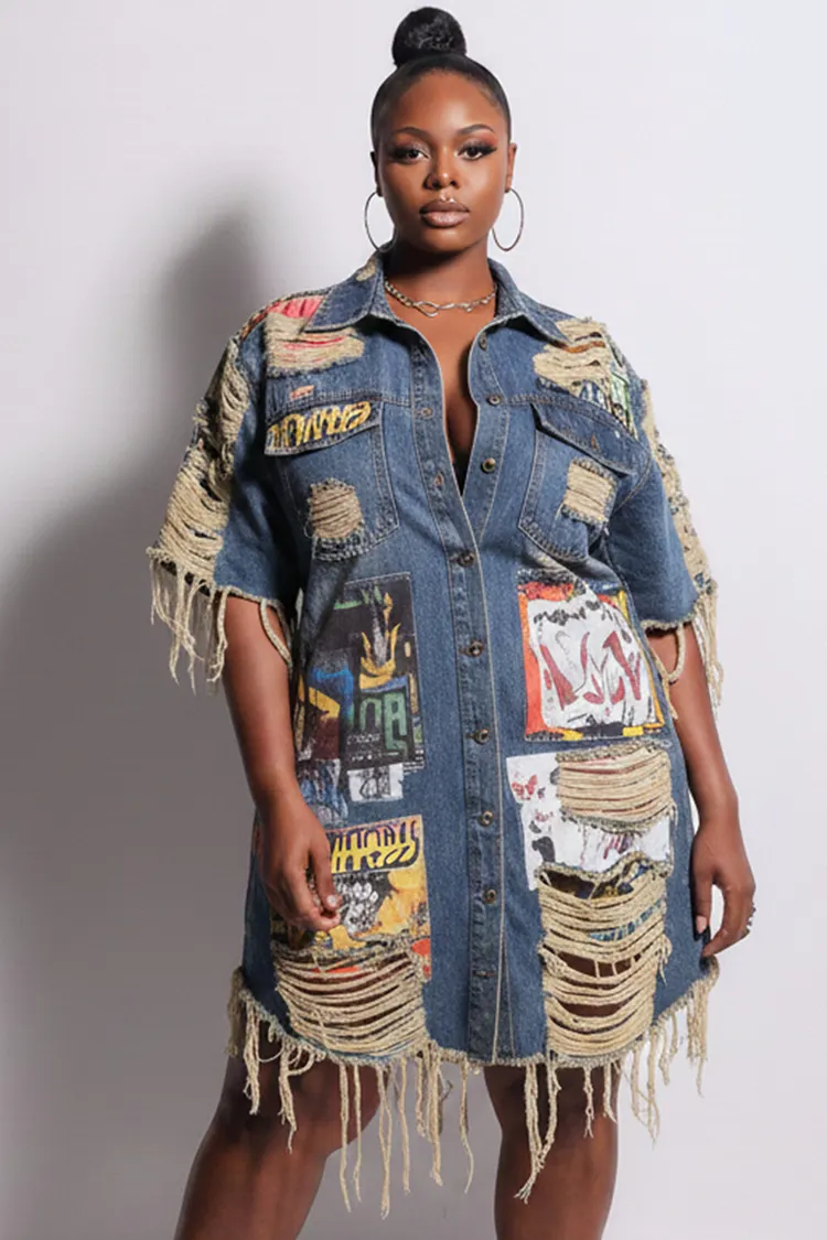 Xpluswear Design Plus Size Party Blue Graphic Shirt Collar Short Sleeve Distressed Denim Mini Dresses [Pre-Order] 2024 - Xpluswear
