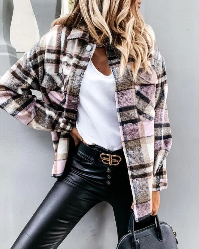 Plaid Print Button Front Long Sleeve Shacket