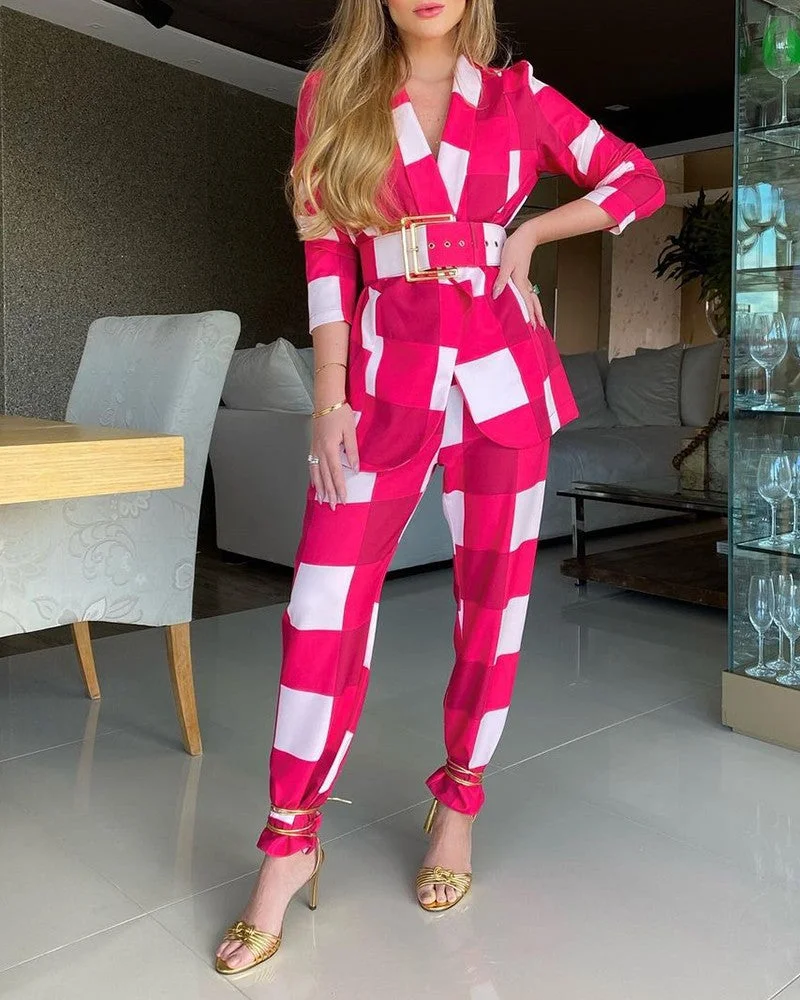Graduation Gifts  2022 Spring and Autumn New Fashion Female Top and Trousers Clothing Suit Women Plaid Print Blazer Coat & Pants Set With Belt