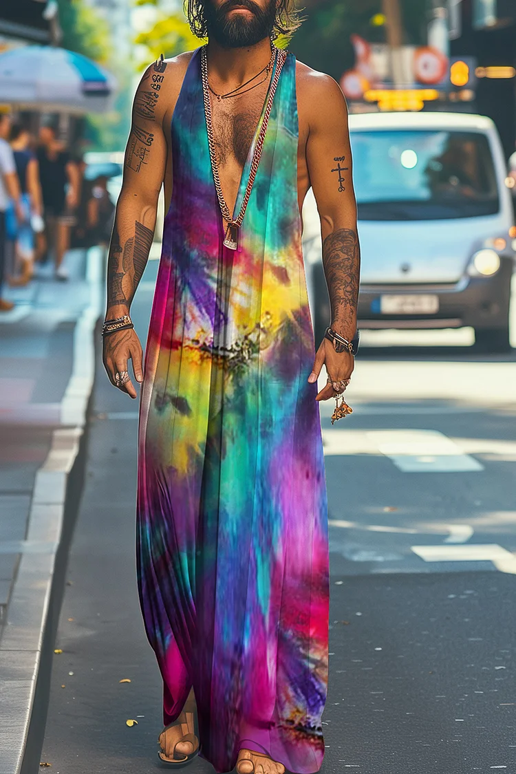 Ciciful Rainbow Tie-Dye Print Deep V-Neck Wide Leg Jumpsuit