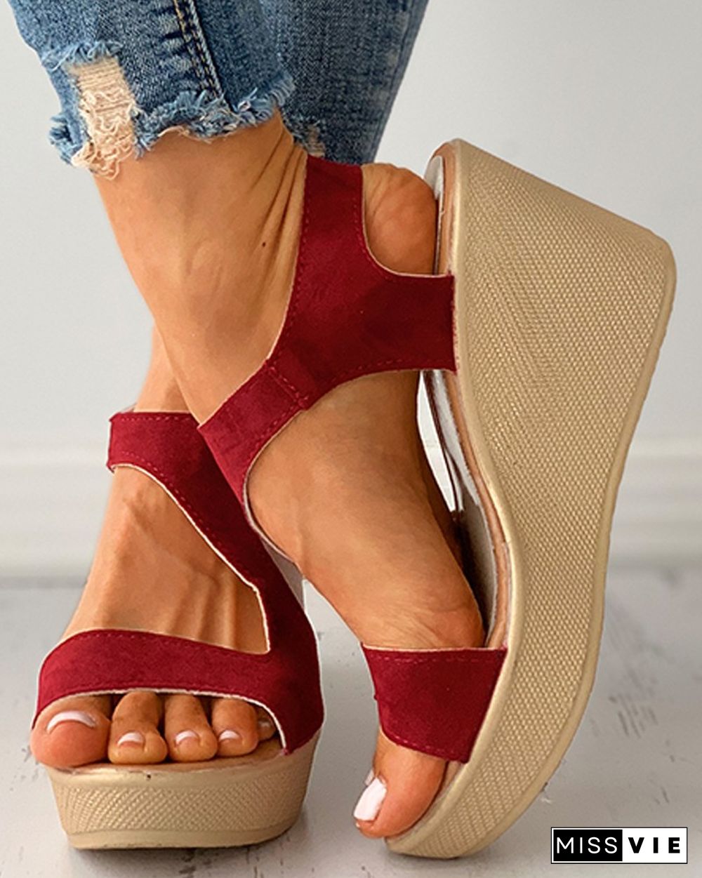 Suede Cutout Peep Toe Buckled Wedge Sandals