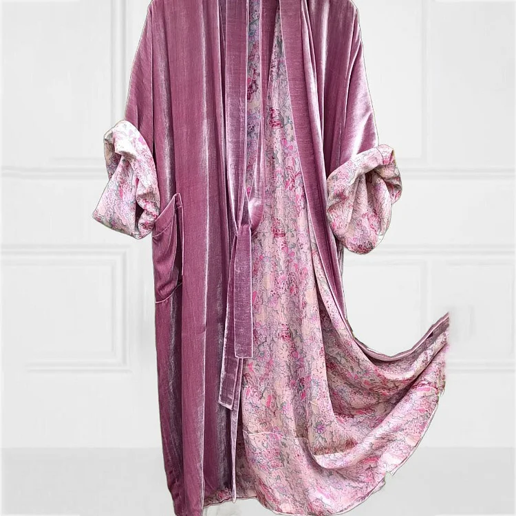 VChics Lined Floral Print Long Sleeve Velvet Kimono Duster