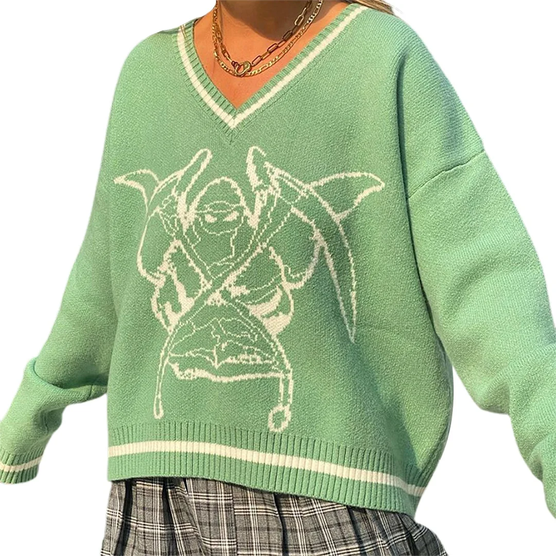 Gothic V-neck Sweater Loose Long Sleeve Shopping Daily Knitwear Women Skull Demon Print Pullover Fashion Y2K Jumper Streetwear