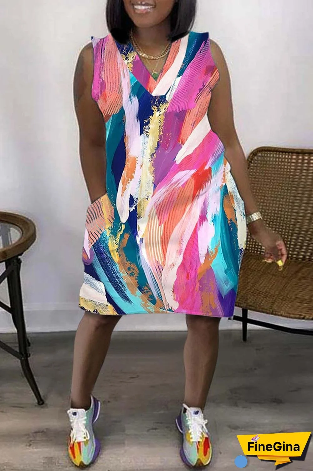 Coffee Casual Print Basic V Neck Sleeveless Dress Dresses