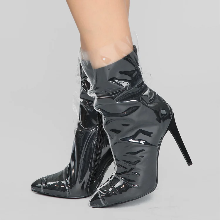 Transparent PVC Wrapped Black Pointy Toe Stiletto Heel Ankle Boots |FSJ Shoes