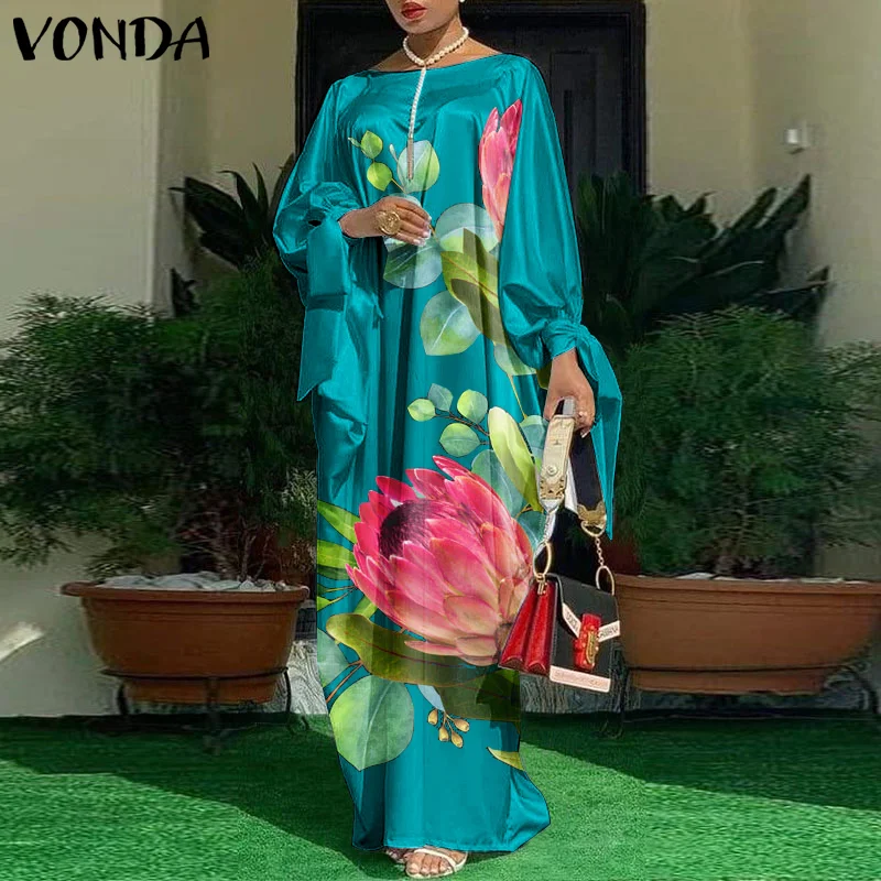 Women Kaftan Dress VONDA Summer Vintage Leopard Print Party Long Maxi Dress Casual Long Sleeve Pleated Robe Beach Vestidos