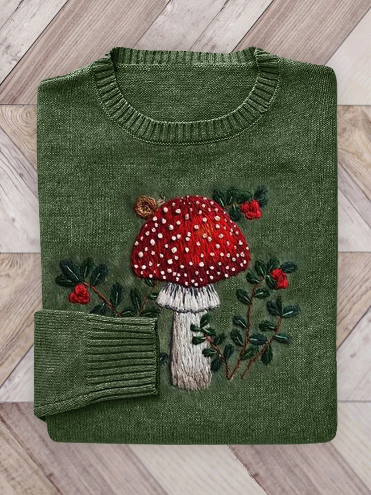 Forest Fresh Mushroom Embroidery Art Cozy Knit Sweater