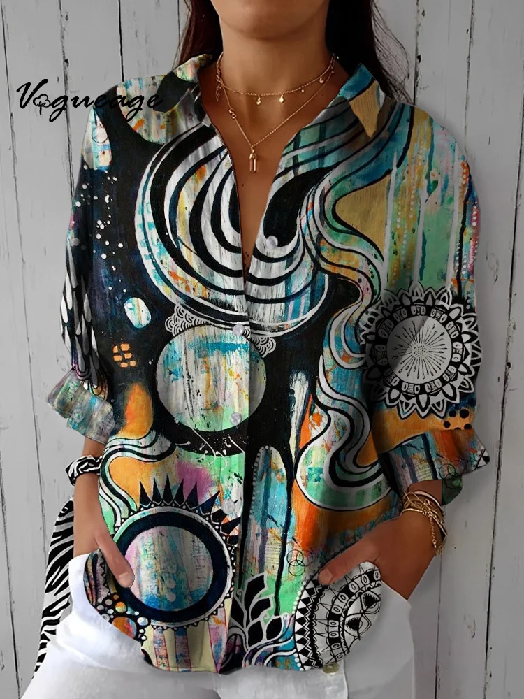 Fashionable Painted Creative Patterns Printed Cotton And Linen Shirt