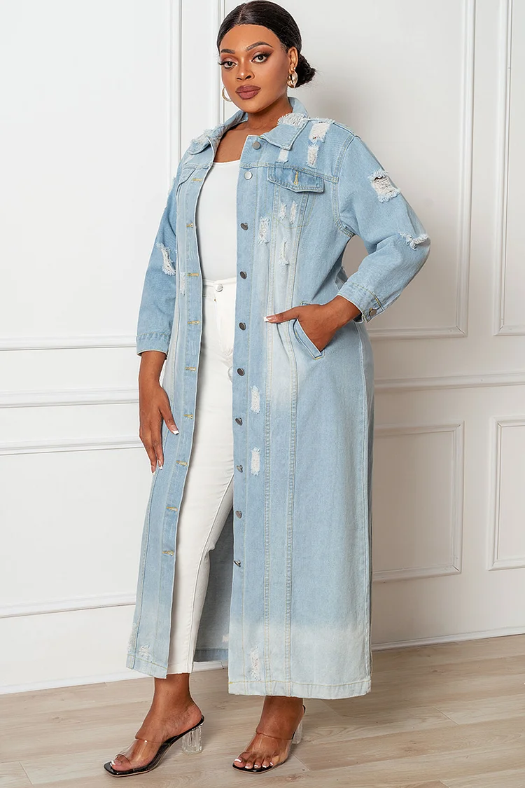 Xpluswear Design Plus Size Blue Ripped Turndown Collar Denim Ankle Length Outerwear Coat