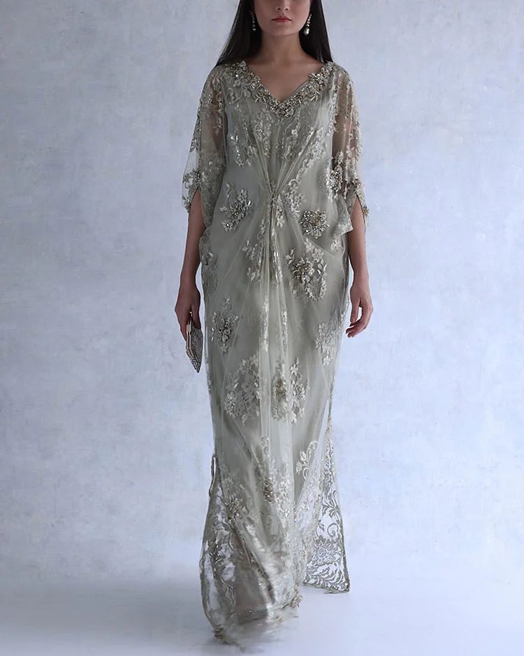 Elegant embroidered lace kaftan