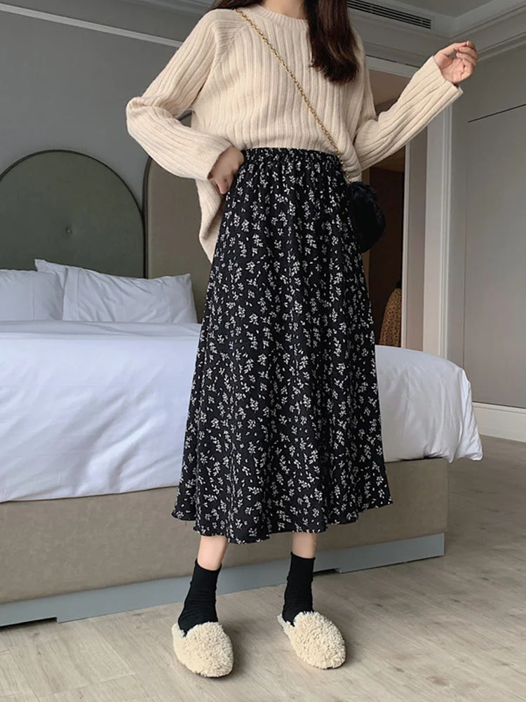 Colourp Floral Print A-line Pleated Long Skirts Summer Women 2023 Korean Skirt Streetwear Drawstring Elastic Waist Midi Skirt