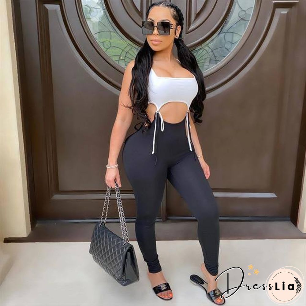 Hollow Out Patchwork Jumpsuit Rompers Trousers New Sexy Women Sleeveless Bodycon Jumpsuit Summer Sports Long Pants Jumpsuit